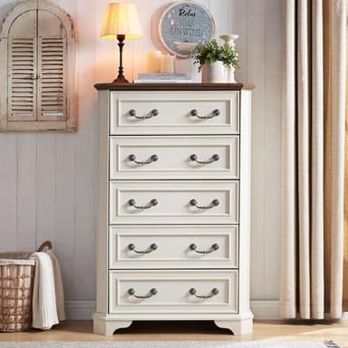 T4TREAM Farmhouse 5 Drawers Dresser for Bedroom, 48" Tall Wood Rustic Chest of Drawers with Natural Texture, Vintage Design, Storage Dressers Organizer for Bedroom, Living Room, Hallway, Antique White - Image 3