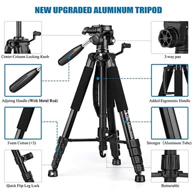 VICTIV 74” Camera Tripod, Tripod for Camera and Phone, Aluminum Professional Tripod Stand for Canon Nikon with Carry Bag and Phone Holder, Compatible with DSLR, iPhone, Spotting Scopes, Max Load 9.5Lb - Image 6