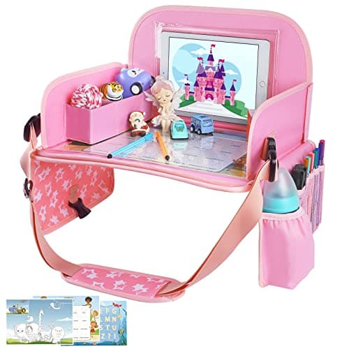 MENZOKE Kids Travel Tray for Toddler Car Seat, Lap Tray for Girl Activities with Dry Erase Board & Cooler Cup Holder, Road Trip Essentials Accessories with No-Drop Large Tablet iPad Holder Stand,Pink - Image 1