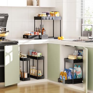 Delamu 3 Pack Under Sink Organizers and Storage, 2 Tier Black Bathroom Cabinet Organizer, Multi-Use Kitchen Bathroom Organizers and Storage, Under Counter Organizer with Hooks - Image 2