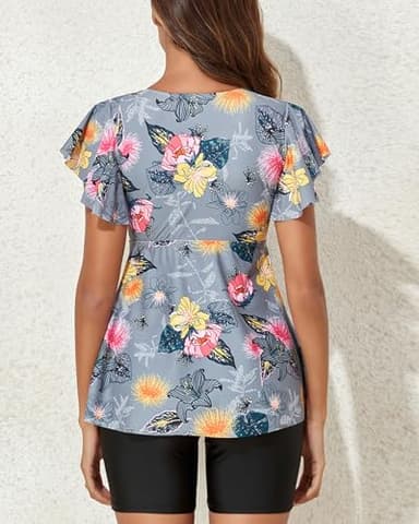 Fanuerg Women's Tankini Swimsuits Ruffled Flowy Tankini Tops with Boy Shorts Swimwear Tummy Control Two Piece Bathing Suits Light Grey Floral XXL - Image 5