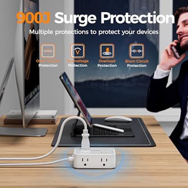 TESSAN Surge Protector Power Strip, 5 Ft Flat Plug Extension Cord with 3 USB (1 USB C) 8 Outlets, 900J Surge Protection, 3 Sided Outlet Extender with Power Switch for Office, Dorm Room Essentials - Image 5