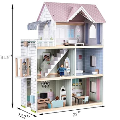 Giant bean Large Pink Wooden Dollhouse with Furniture for Girls with Doorbell, Light,Elevator, 6 Rooms 2.6ft High,15 Pcs Furniture & 3 Dolls, Kids Playhouse Toy for Girls 3-7+, 31.5" x 25" x 12.2" - Image 6