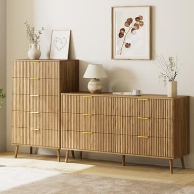 LYNSOM Fluted 5 Drawers Dresser, 45" Tall Modern Chest of Drawers with Curved Profile Design and Metal Handle, Wood Drawer Organizer for Bedroom, Living Room, Hallway, Entryway, Natural Oak - Image 6