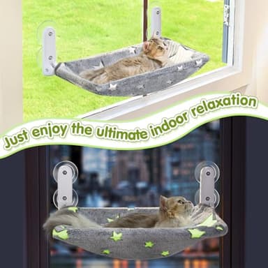 Zoratoo Cat Window Perch, Glow in The Dark Cordless Foldable Pet Hammock Bed for Window with Sturdy Metal Frame, Glowing Stars Pattern Resting Seat for Indoor Cats (Stars - M) - Image 7