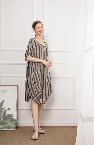 Minibee Women's Ruffle Oversize Casual Midi Dresses with Pockets Style 2 Black Stripe XL - Image 4