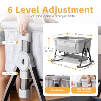 venowu Bedside Crib, 3 in 1 Bassinet with Quick Height Adjustment and Mosquito Nets Rocking Bassinet for Baby, Bedside Bassinet with Wheels, Easy to Fold, Golden Triangle Structure（Grey） - Image 5