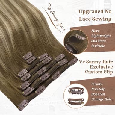 Ve Sunny Clip in Human Hair Extensions Balayage Clip in Hair Extensions Real Human Hair 24 Inch Long Straight Remy Hair Extensions Clip ins Dark Brown to Light Brown with Blonde 120g 7Pcs - Image 3