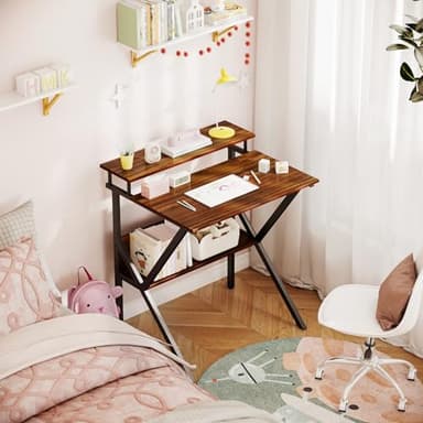 ODK Small Desk, 27.5 Inch Computer Desk for Small Spaces, Compact Desk with Storage, Study Table with Monitor Stand for Home Office, Deep Brown - Image 4