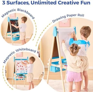 All-in-One Art Easel for Kids, Adjustable Double Sided Wooden Easel for Toddlers with Magnetic Whiteboard & Chalkboard, Paper Roll, Art Supplies, Child Painting Easel for Kid 2-8 Birthday Gift - Image 5