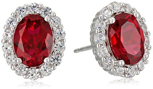 Amazon Essentials Sterling Silver Created Ruby and White Sapphire Halo Oval Stud Earrings, (previously Amazon Collection)