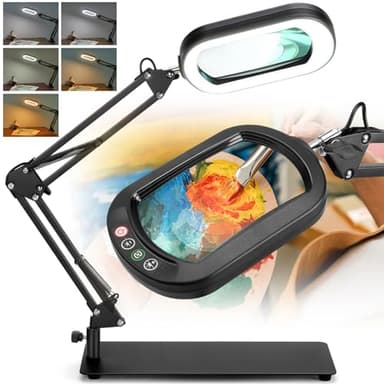 10X Square Magnifying Glass with Light and Stand, Real Glass Lighted Magnifier Hands Free, 5 Color Modes, Brightness Stepless Dimming, 2-in-1 Desk Lamp with Clamp for Close Work, Craft, Hobby, Reading - Image 1