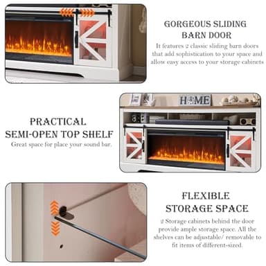 OKD Fireplace TV Stand for 85" TV, 33" Tall Highboy Farmhouse Entertainment Center w/ 42'' Electric Fireplace & LED Light, Rustic Media Console w/Sliding Barn Door for Living Room, Antique White - Image 5