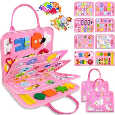 Walenty Busy Board Montessori Toys for Toddler Girl Birthday Gifts, Busy Book Sensory Learning Toys for Toddlers, Educational Activities Airplane Car Travel Toy for Girls - Image 1