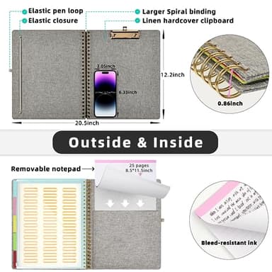 Ospelelf Foldable Spiral Clipboard Folio with Storage Zipper Pouch, 5 Plastic Folders with 10 Pockets,Refillable Lined Notepad (11" x 8.5"), Hardcover Project Organizer with 39 Stickers (Grey) - Image 3