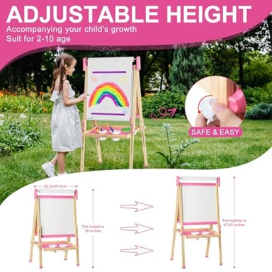 Easel for Kids Toys,Adjustable Wooden Toddler Art Easels, Girls Toys for Ages 5-7,8-13,Magnetic Dry Eraser White Board and Chalk Board with Art Supplies,Kid Easel 4 5 6 7 8 9 10 Year Old Girl Gifts - Image 3