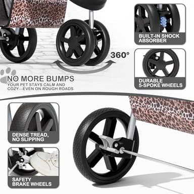 MoNiBloom 3 Wheels Pet Dog Cat Stroller for Small Medium Dogs Cats, Lightweight Foldable Jogger Stroller w/Storage Basket & Cup Holder, Leopard Print - Image 5