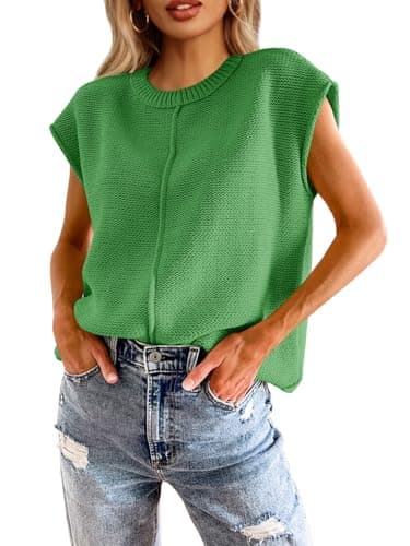 Saodimallsu Womens Tank Tops Summer Causal Loose Fit Cap Sleeve Crew Neck Knit Lightweight Sweater Pullover Top Green - Image 1