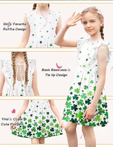 Toddler St Patricks Day Dress 6T 7T Saint Patricks Irish Dress Size 6 7 Green Ruffle Summer Dress Cute Sleeveless Sundress Family Matching Outfits for Casual School Party - Image 4