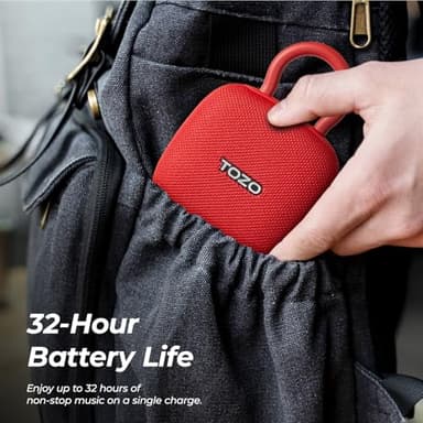 TOZO PE1 Portable Bluetooth Speakers with Adjustable Carabiner, Mini Bluetooth Wireless Shower Speaker with IPX8 Waterproof, 32H Playtime Punchy Bass Audio Speaker for Home, Outdoor and Travel, Red - Image 4