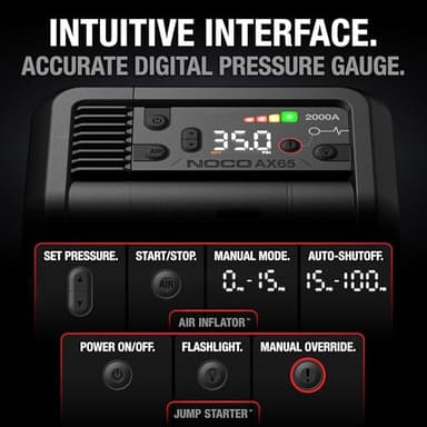 NOCO Boost+Air AX65: 2000A Jump Starter with Air Compressor Tire Inflator – Starts 8.0L Gas & 6.0L Diesel – 67 SLPM Airflow Inflates 0–40 PSI in 2 Minutes - Image 6