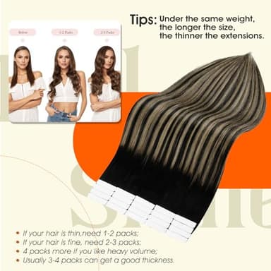 Full Shine Tape ins Human Hair Extensions Balayage Tape in Hair Extensions 16Inch Seamless Skin Weft Tapes Extension 20pcs 1B Black to 27 Honey Blonde with 1B Invisible Straight Full Head 50G - Image 5