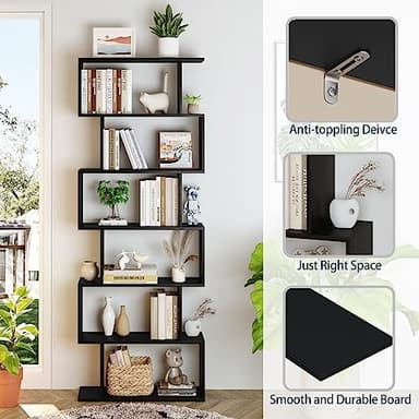 Yusong Bookshelf 6-Tier, Geometric Bookcase S Shaped Book Shelves for Bedroom, Modern Wood Decorative Display Shelf Tall Book Case for Home Office, Black - Image 6