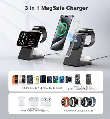 3 in 1 Magnetic Wireless Charging Station Apple 20W Charger Stand Magnetic Wireless Charger for iPhone 16 15 14 13 12 Pro/Pro Max/Plus/Mini AirPods 2/3/Pro iWatch Ultra/8/7/SE/6/5/4/3/2 (3 in 1) - Image 2