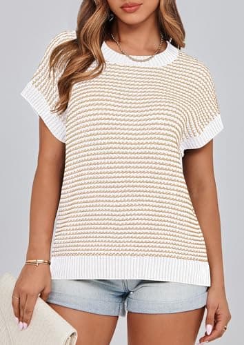 PRETTYGARDEN Womens Short Sleeve Sweater Spring Summer 2025 Round Neck Striped Pullover Cap Sleeve Knit Sweater Vest Tops(Apricot,Medium) - Image 3