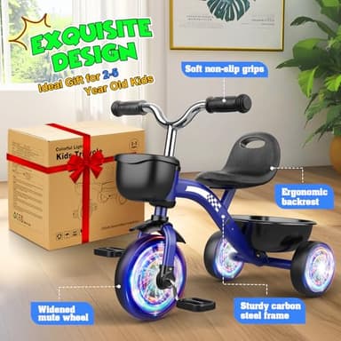 Toddler Tricycle for1-3 3-5 Year Olds, Toddler Toys Baby Bike with 3 Colorful Lighting Wheels, Toys for Ages 2-4, 3-Level Adjustable Seat, 2 3 4 5 Year Old Girl Boy Birthday Gifts Blue - Image 8