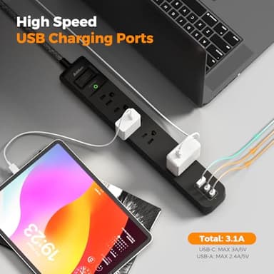 2 Pack Power Strip Surge Protector - 5 Widely Spaced Outlets 3 USB Charging Ports, 1875W/15A 6Ft Braided Extension Cord, Flat Plug Overload Protection, Wall Mount for Home Office Dorm Room Essentials - Image 4