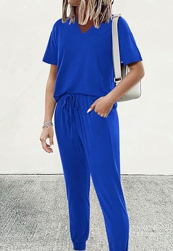 MASCOMODA Womens 2 Piece Outfits Summer Casual V Neck Short Sleeve Tops Long Pants Tracksuit Lounge Jogger Set with Pockets(Royal Blue,Large) - Image 3