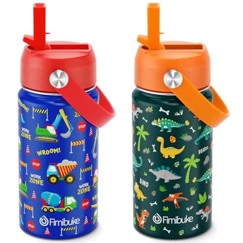Fimibuke Kids Insulated Water Bottle, 14oz BPA FREE Double Wall Vacuum Tumbler 18/8 Stainless Steel Leak Proof Kids Cups with Straw Metal Bottles for School Boys Girls (2 Pack, Trucks/Green Dinosaur) - Image 1