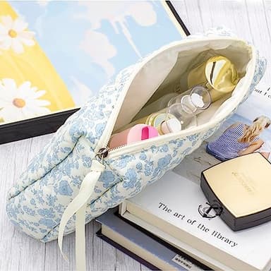 PAZIMIIK Quilted Makeup Bag Large Travel Zipper Soft Cosmetic Pouch for Women Girls Make Up,Little Flower Blue - Image 2