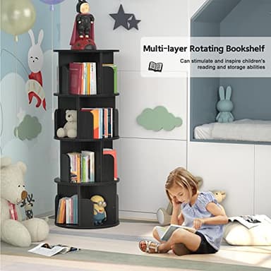 Aheaplus Rotating Bookshelf, 360 Revolving Bookshelf Tower for Small Space, 4 Tier Floor Standing Bookcase Storage Rack, Wood Narrow Book Shelf Organizer for Bedroom, Living Room, Study Room, Black - Image 6
