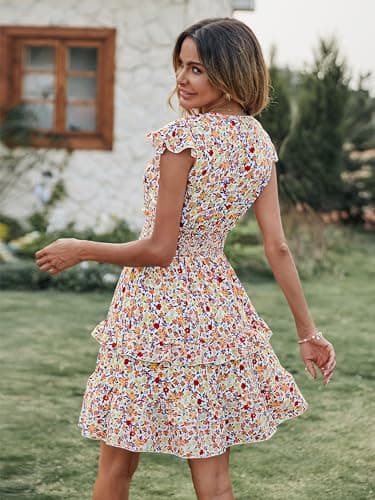 PRETTYGARDEN Casual Summer Dresses for Women 2025 Short Sleeve V Neck Floral Mini Dress Boho Smocked Ruffle Short Sundress(X-Small, White) - Image 3