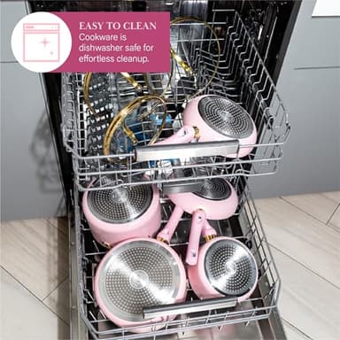 Paris Hilton Epic Nonstick Pots and Pans Set, Multi-layer Nonstick Coating, Tempered Glass Lids, Soft Touch, Stay Cool Handles, Made without PFOA, Dishwasher Safe Cookware Set, 12-Piece, Pink - Image 7