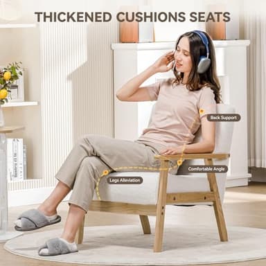 COMHOMA Mid Century Modern Accent Chair, Upholstered Living Room Chairs with Solid Wood Armrest, Comfy Reading Armchair for Bedroom, Sunroom, Balcony (Straight Armrests, White) - Image 6