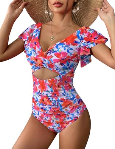 AI'MAGE Women's Ruffle One Piece Swimsuit V Neck Tummy Control Bathing Suits Cutout Backless Swimwear Red Flower,XL - Image 1