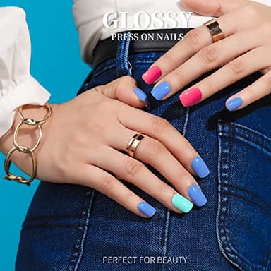 Teenitor Short Press On Nails with Glitter, 12 Sizes Square, Matte & Glossy Finish - Image 4