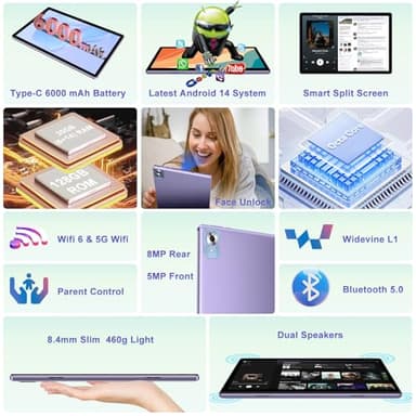 2025 Android 14 Tablet with Keyboard 20GB+128GB+1TB Expand, 10.1 Inch Octa-Core 2-in-1 Tablets with HD IPS Display, 5G WiFi 6, 6000mAh Battery, BT5.0, Split Screen, Widevine L1, Mouse, Case -Purple - Image 3