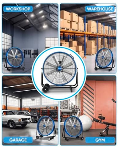 KEN BROWN 24 Inch Industrial Drum Fan, High Velocity Floor Shop Fan, Heavy Duty, 9500 CFM, 8 Blades, 3 Speeds, 360 Degree Tilt, Ideal for Industrial, Commercial, Gym, Garage Use, Blue - Image 9