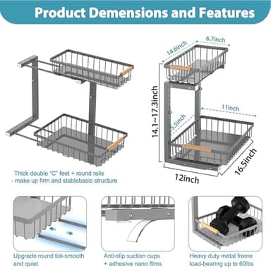 Liuoud Under Sink Organizer Storage 2 Pack, 2 Tier Slide Out Height Adjustable Pull Out Cabinet Organizer Drawer for Kitchen Bathroom Large Under Sink Shelf Rack Caddy for Pantry, Grey - Image 6