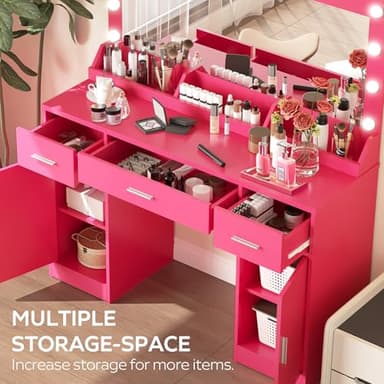 MIRROTOWEL 47.5” Vanity Desk with Large Mirror, 3 Colour Lighting Modes, Adjustable Brightness, Dresser with 3 Drawers & 2 Vertical Cabinets, Makeup Vanity Table for Women Girls - Image 4