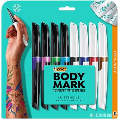 BIC BodyMark Temporary Tattoo Markers for Skin, Artist's Set, Mixed Tip, 8-Count Pack of Assorted Colors, Skin-Safe*, Cosmetic Quality - Image 1