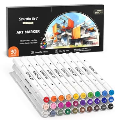 Shuttle Art 30 Colors Dual Tip Art Markers Permanent Marker Pens Highlighters Perfect for Illustration Adult Coloring Sketching and Card Making - Image 1