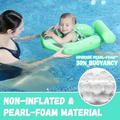 GENTEACO Mambobaby Baby Pool Float with Removable Canopy 3-24 Months Baby Float Non-Inflatable Infant Swim Float Add Tail Avoid Flip Skin-Friendly Material Swim Trainer for Toddler Boys Girls (Green) - Image 2