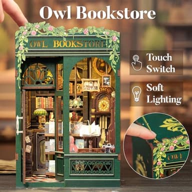 CUTEBEE Book Nook Kit Owl Bookstore - DIY Miniature House 3D Wooden Puzzle for Adult and Teens, Booknook Bookshelf Decor Alley Model Build with LED Light, Gifts for Family and Friends - Image 5