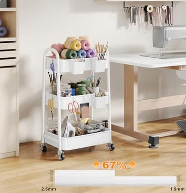 3 Tier Rolling Cart Metal with Wheels, Heavy Duty White Three Tiered Craft Cart Organizer on Wheels, Utility Roller Storage Carts for Art, Baby Nursery, Diaper Caddy, Snack,Book,Nail,Cleaning Supplies - Image 9