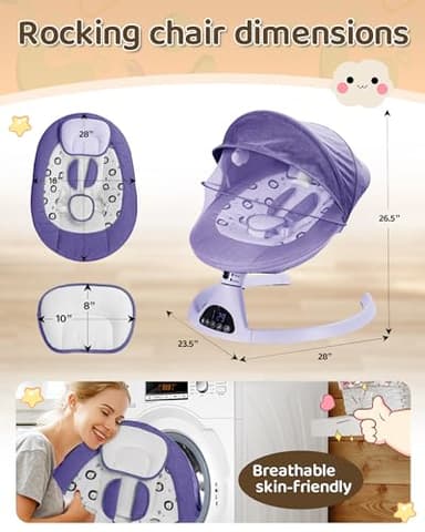 Electric Baby Swings for Infants to Toddler Baby Swing with 5-Speed 3-Seat Positions 5-Point Carabiner,with Bluetooth Music 10-Preset Melodies - Image 6